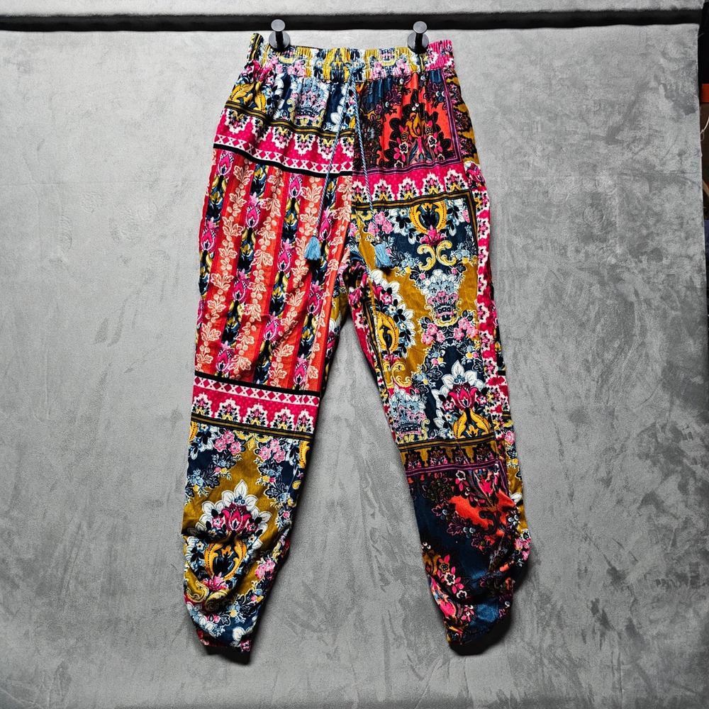 Anthropologie Velvet Patchwork Tapestry Joggers Pink Blue XS Ruched Ankle Boho
